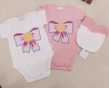 1 комплект / 2 шт., одежда для новорожденных девочек, короткий рукав, цветочный узор, комплект для новорожденных с нагрудником, летняя одежда для маленьких мальчиков