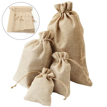 1шт Винтажная сумка на шнурке из мешковины Льняные сумки для хранения мелочей Сумка для хранения подарков для вечеринок Упаковочные сумки для домашнего хранения