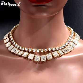 2 шт./компл. Модное ожерелье с теннисной цепочкой в виде сердца для женщин в стиле хип-хоп, украшенное кубинским багетом, ожерелья-цепочки, подарок для вечеринки, ювелирные изделия