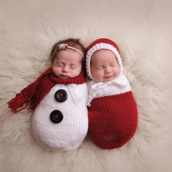 2019 новорожденный фотографии реквизит обертывания, Рождественский снеговик Биби крючком вязаный спальный мешок с шарф/шляпа фотографии, костюмы