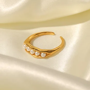 INS Французское 18-каратное позолоченное кольцо в гороховом стручке из нержавеющей стали с регулируемым кольцом из белого жемчуга, Женские ювелирные изделия Оптом