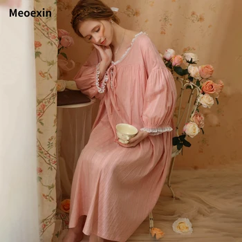 Meoexin/ Новые весенне-летние ночные рубашки принцессы, хлопковые женские длинные свободные пижамы в стиле милой ретро, Тонкая домашняя одежда, ночные рубашки для сна.