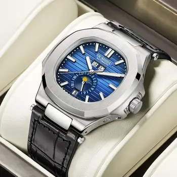 Высококачественные механические часы с синим циферблатом в фазе Луны для мужчин
