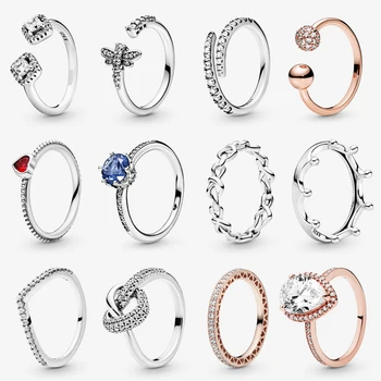Для женщин Кольца из стерлингового серебра 925 пробы Оригинальное серебряное кольцо с кристаллом Love Heart, обручальное кольцо с поперечной косточкой, свадебные роскошные украшения