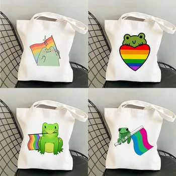Женская сумка Rainbow Pride с лягушачьим принтом в стиле Каваи, холщовая сумка для покупок в стиле харадзюку, женская сумка-тоут через плечо, женская сумка-тоут