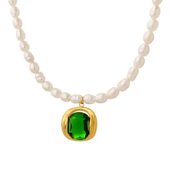 Изящные жемчужные ожерелья с подвеской в виде капли хрусталя, Роскошное Элегантное ожерелье с изумрудным камнем, цепочка из пресноводного жемчуга для женщин