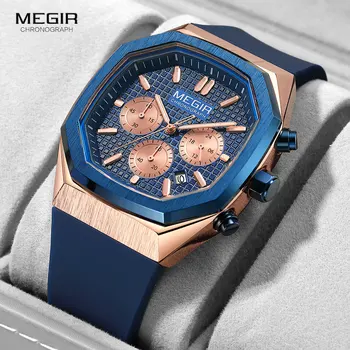 Кварцевые часы MEGIR с синим силиконовым ремешком, мужские Модные Наручные часы с хронографом в стиле милитари и спорта, со Светящимися стрелками даты, Восьмиугольный циферблат