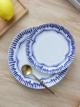 Керамические 8-дюймовые тарелки В популярную синюю полоску, Глазированные 10-дюймовые тарелки, Круглая посуда, Паста, Фруктовый салат, Стейк, Контейнер для еды
