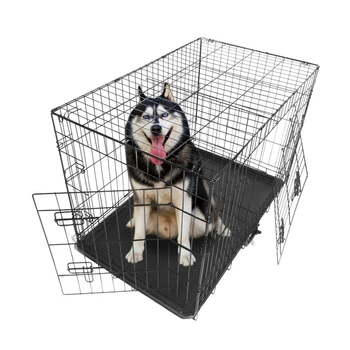 Клетка для собак 36 дюймов в питомнике для домашних животных, складной стальной ящик для кошек, манеж для животных, металлическая проволока с двойной дверью, пластиковый лоток, портативный и прочный