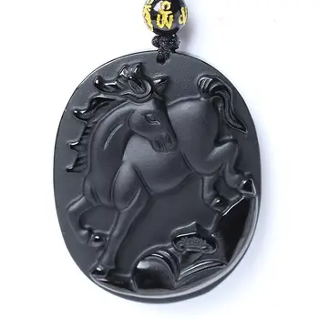 Красивая китайская ручная работа Резьба по натуральному черному обсидиану Зодиакальная лошадь Счастливые подвески Ожерелье Изысканные Модные украшения-амулеты