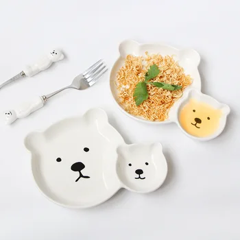 Креативная Милая Мультяшная решетчатая тарелка, Тарелка с маленьким медведем, Детская Столовая посуда, Тарелка для клецек с животными и блюдце для погружения