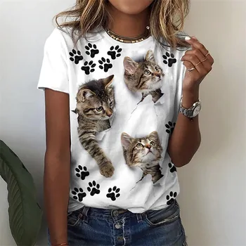 Летняя модная женская футболка с 3D принтом кота, футболки, топы с животными, футболка с коротким рукавом, свободная женская одежда оверсайз