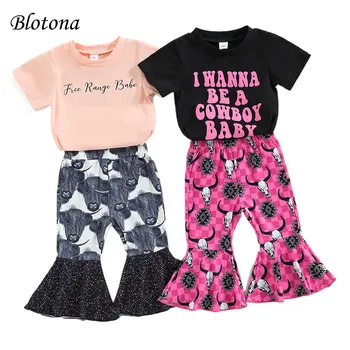 Летняя одежда Для девочек Blotona Kids, Футболка с коротким рукавом и буквенным принтом и Эластичный Комплект Расклешенных штанов с Принтом Коровьей Головы, 6 месяцев-4 года