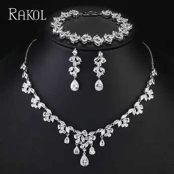 Набор кубических цирконов RAKOL AAA, сверкающая подвеска-капелька, Длинные висячие серьги, ожерелье, великолепный браслет, женские свадебные украшения