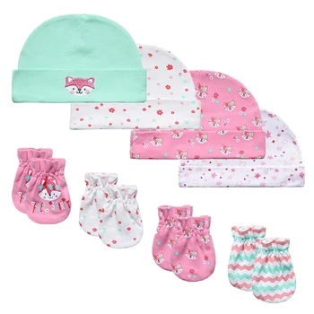 Новорожденный 4шт Шапочки и 4 пары варежек из мягкого хлопка в модном стиле для маленьких девочек, детские шапочки, перчатки