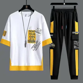 Новые Летние Мужские спортивные костюмы, Модная футболка с коротким рукавом с принтом, Длинные брюки, Комплекты из 2 предметов, повседневная трендовая одежда оверсайз