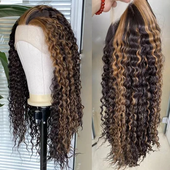Парики AIMEYA с длинными глубокими завитками для чернокожих женщин, парик с коричневой подсветкой на кружеве, бесклеевой парик из натуральных волос, синтетический парик ежедневно