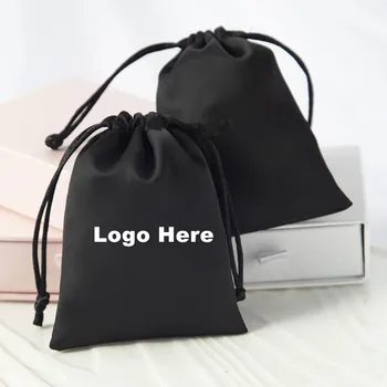Персонализированный логотип, Подарочные пакеты на шнурке из черного шелка на заказ, пакеты для упаковки ювелирных изделий, Шикарные свадебные сувениры для гостей Оптом 100