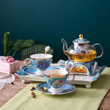 Послеобеденный чай в европейском стиле, чайный сервиз, чашка для чая с цветами и фруктами, бытовая керамическая свеча из фруктового стекла, нагревающий цветочный чайник, набор