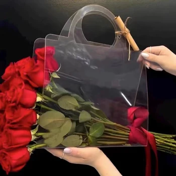 Прозрачные Портативные пакеты для упаковки цветов, Коробка для цветов розы с ручкой, Подарочная сумочка-контатинер, Свадебная упаковка для роз, Подарочная коробка