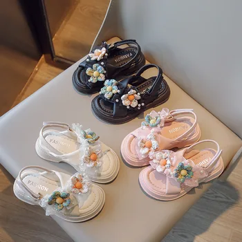 Римские сандалии для девочек с цветочным рисунком, летняя корейская модная обувь принцессы, мягкая подошва из искусственной кожи, милые пляжные сандалии для девочек, детская обувь для малышей