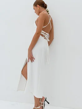 Сексуальное атласное платье с разрезом и высокой талией, белое платье с перекрестной шнуровкой, летнее платье без рукавов, новые поступления 2023 года.