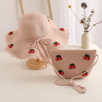 Соломенная вязаная шапочка Летняя детская шляпка-сумка для девочки, милая вишневая солнцезащитная волна, женская шляпка-козырек, соломенная шляпка