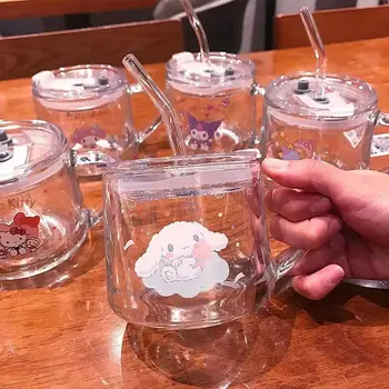 Стеклянная соломинка Sanrio Hello Kitty, чашка My Melody Kuromi INS, аксессуары Cinnamoroll Kawaii, соломинки с крышкой