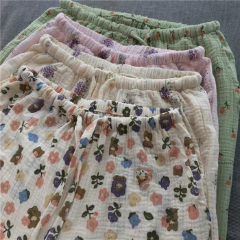 Хлопчатобумажные брюки из двухслойной промытой марли, домашняя одежда с принтом из хлопчатобумажной пряжи