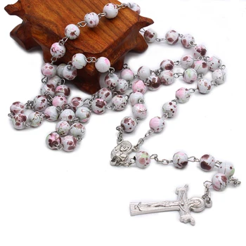 Христианская Дева Мария Розовые пятна Ожерелье из четок с распятием Троицы, Ожерелье с подвеской в виде Креста Иисуса для женщин, молитвенные украшения