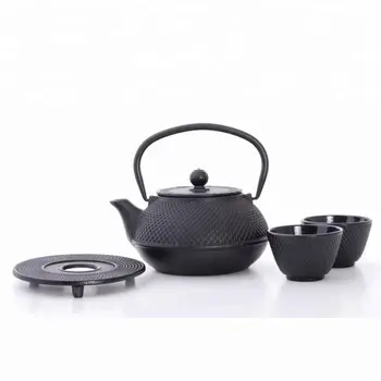 Чайный набор из 4 предметов, японский чугунный чайник Tetsubin, черный с подставкой